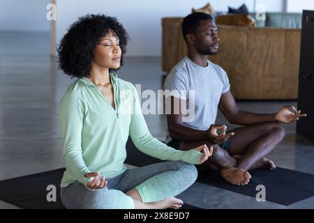 Una coppia diversificata che meditava insieme a casa Foto Stock