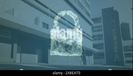 Immagine della rete di connessioni che formano l'icona del lucchetto di sicurezza e del cloud contro edifici alti Foto Stock