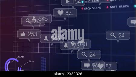 Immagine di barre di notifica, grafici con numeri che cambiano, trading board su sfondo nero Foto Stock