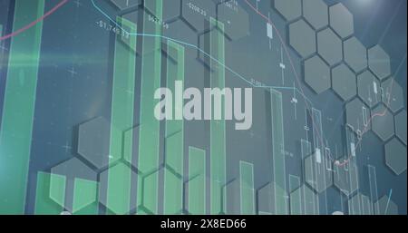 Dati finanziari visualizzati su sfondo esagonale, che mostrano tendenze in aumento e in calo Foto Stock