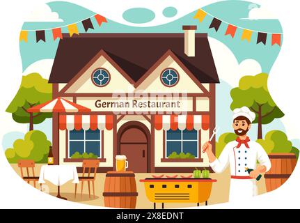 Il ristorante tedesco Vector Illustration propone una collezione di deliziosi piatti della cucina tradizionale e bevande sullo sfondo di un cartone animato in stile piatto Illustrazione Vettoriale