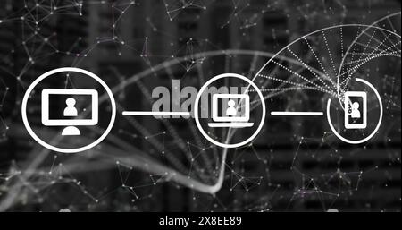 Immagine di spinning del filamento di dna, icone ed elaborazione dei dati sulla griglia Foto Stock