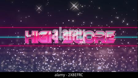 Immagine di un banner di testo con punteggi elevati su punti chiari e stelle brillanti su sfondo viola Foto Stock