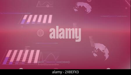Immagine di icone su grafici, linguaggio informatico e globi sullo sfondo astratto Foto Stock