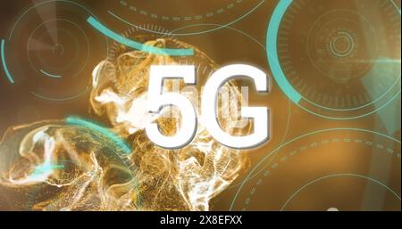 Immagine di banner di testo da 5 g, scanner rotondi e onda digitale su sfondo a gradiente arancione Foto Stock