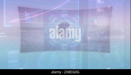 Immagine di grafici, radar, globo in cerchio e linguaggio informatico su sfondo astratto Foto Stock