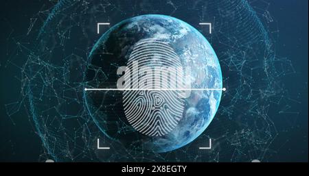 Immagine della scansione delle impronte digitali nel mirino su punti collegati in tutto il mondo Foto Stock