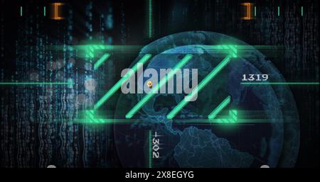 Immagine di linee nel mirino, modifica dei numeri, lingua del computer, globo su sfondo nero Foto Stock