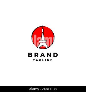 Design del logo con illustrazione a torre in cerchio. Design del logo della torre all'interno di un cerchio rosso. Illustrazione Vettoriale