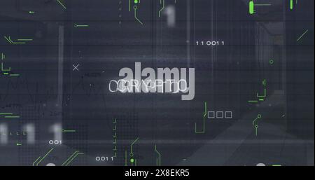 Immagine di testo cripto e codici binari con schema della scheda a circuito stampato sulla sala di servizio dati Foto Stock