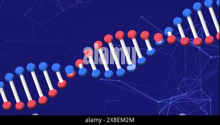 Immagine della rete di connessioni e del filamento di dna su sfondo blu Foto Stock