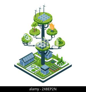 Flat 3d Isometric Sustainable Business with Renewable Energy Solution. Business sostenibile ed energia ecocompatibile Illustrazione Vettoriale