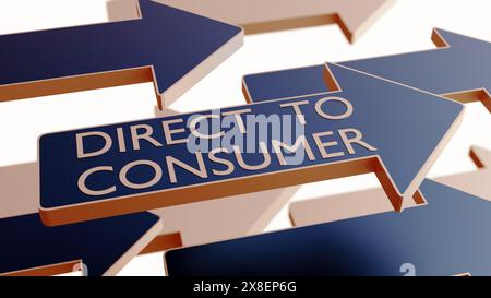 Il rendering in 3d delle parole "Direct to consumer" è scritto in lettere maiuscole bianche sulla freccia rivolta verso destra. Foto Stock