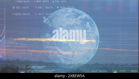 Globo trasparente che si sovrappone ai display dei dati finanziari, mostrando le percentuali delle scorte Foto Stock