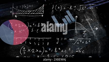 Immagine dell'elaborazione dei dati statistici e delle equazioni matematiche su sfondo nero Foto Stock