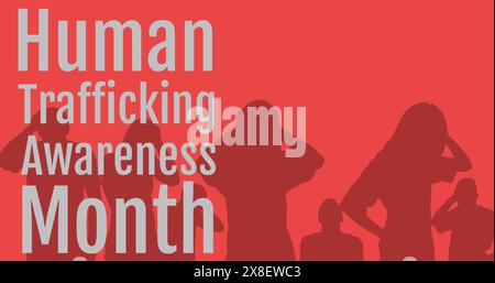 Immagine di un testo di sensibilizzazione sulla tratta di esseri umani su una silhouette su sfondo rosso Foto Stock