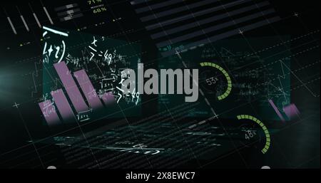 Immagine dell'elaborazione dei dati statistici e schermate con equazioni matematiche su sfondo nero Foto Stock