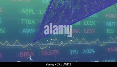 Immagine di grafici con numeri sul tabellone di negoziazione contro l'acqua che cade dalle foglie Foto Stock