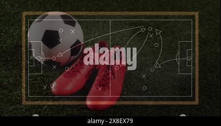 Immagine del piano di gioco a bordo sopra le scarpe sportive e il calcio Foto Stock