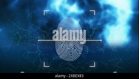 Immagine dello scanner biometrico di impronte digitali e delle reti plexus su punti luminosi su sfondo blu Foto Stock