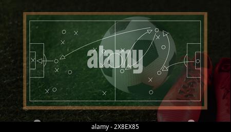 Immagine del piano di gioco a bordo rispetto alle scarpe sportive e al calcio Foto Stock