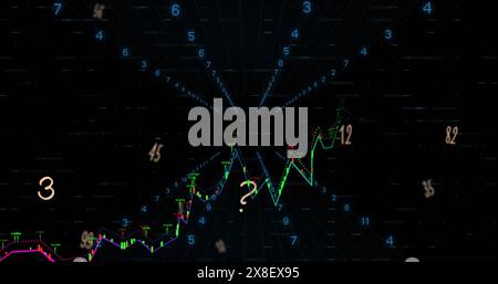 Immagine di numeri e alfabeti fluttuanti sull'elaborazione dei dati finanziari su sfondo nero Foto Stock