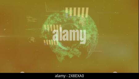 Immagine generata digitalmente di un globo con varie statistiche ed elaborazione dei dati in corso nella b Foto Stock