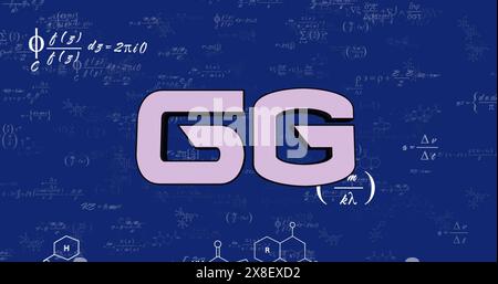 Immagine di un banner di testo da 6 g su equazioni matematiche che fluttuano su sfondo blu Foto Stock