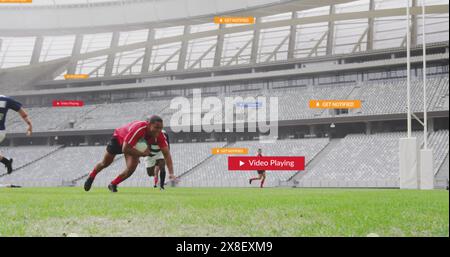 Immagine di barre di notifica su diversi giocatori che giocano a rugby nello stadio Foto Stock