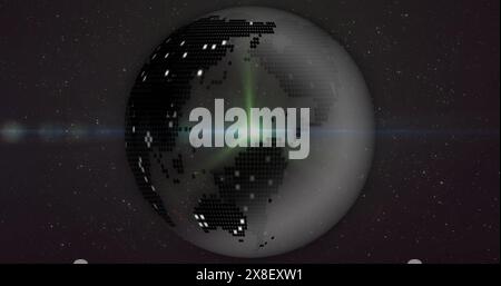 Immagine di punti illuminati sul globo rotante e lente che si gonfia su sfondo nero Foto Stock