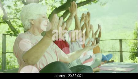 Immagine di macchie di luce e alberi su diverse persone anziane che praticano yoga in giardino Foto Stock