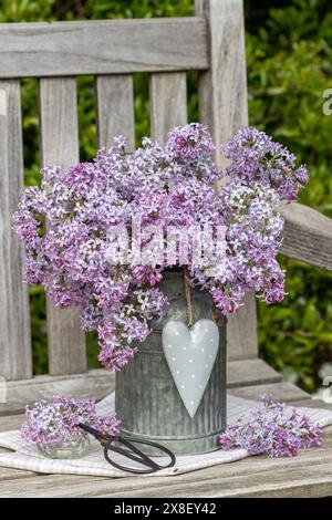 romantico bouquet di fiori lilla in vaso di zinco vintage sulla panca da giardino Foto Stock