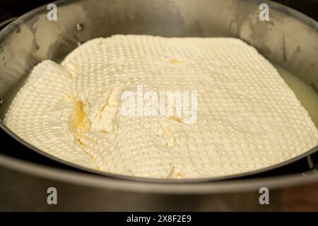 Stagionatura della mozzarella italiana. Primo piano. Foto di alta qualità Foto Stock