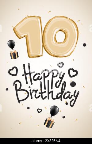 celebrazione del decimo anniversario. Coriandoli d'oro, buon compleanno. Rendering 3D. Foto Stock