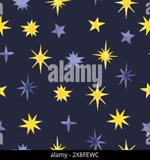 Motivo a stella acquerello senza cuciture. Stelle gialle e blu disegnate a mano. Cielo notturno Illustrazione Vettoriale