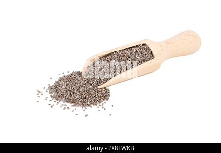 Semi di chia in paletta di legno isolata su sfondo bianco Foto Stock