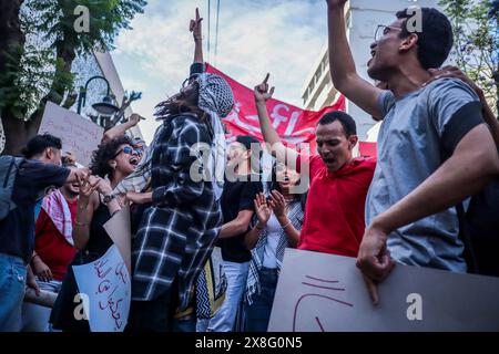 24 maggio 2024: Tunisi, Tunisia. 24 maggio 2024. A Tunisi si si svolge una grande manifestazione di protesta contro la recente ondata di arresti di avvocati e giornalisti da parte delle autorità tunisine. Secondo fonti locali centinaia di tunisini hanno marciato attraverso la capitale Tunisi cantando slogan contro il governo tunisino e condannando "il governo ha preso di mira le voci dissidenti”. Chiesero anche la revoca del decreto presidenziale 54 approvato nel 2022 che pretende di combattere ""false informazioni e voci"", ma secondo i critici è stato usato per soffocare il dissenso (Credit Image: © Hasan mrad/IM Foto Stock