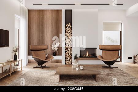 Interni in stile minimalista con pareti bianche e caminetto moderno. Mockup interno Foto Stock