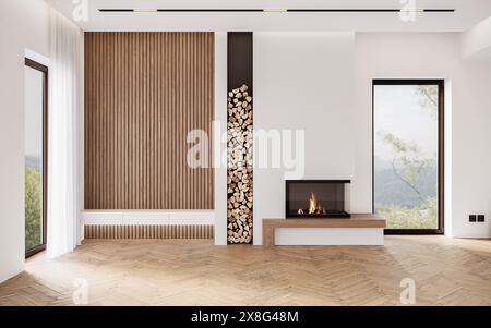 Interni in stile minimalista con pareti bianche e caminetto moderno. Mockup interno Foto Stock