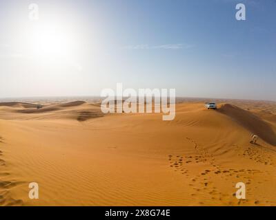 Fotografie delle dune del deserto e dell'auto parcheggiata su di esso durante il giorno di sole primaverile Foto Stock