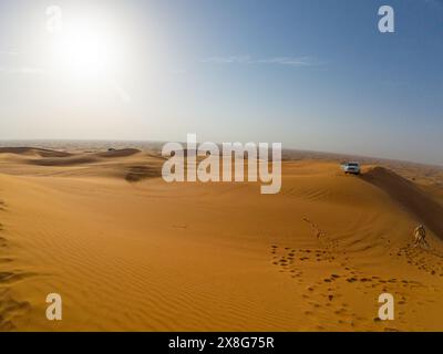 Fotografie delle dune del deserto e dell'auto parcheggiata su di esso durante il giorno di sole primaverile Foto Stock