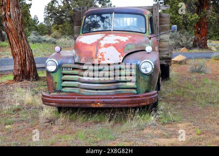 Ritratto di un camion Chevrolet Loadmaster del 1947, abbandonato in un campo agricolo vicino a Bend, Oregon Foto Stock