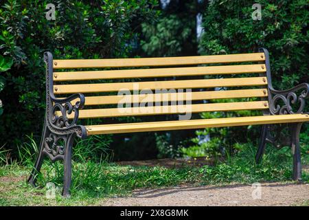 Panca gialla vuota con cornice verde scuro nel parco con sfondo giardino. Foto Stock