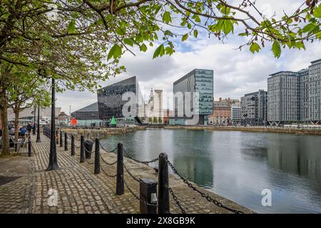 Vista dall'altra parte dell'acqua dal Royal Albert Docks of Mann Island Buildings e dal Museum of Liverpool sul lungomare, Liverpool, Merseyside, Regno Unito, su 20 Foto Stock