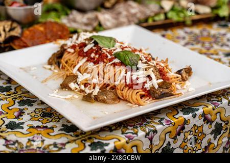 Primo piano di un piatto di "spaghetti alla norma" - salsa di pomodoro, melanzane e basilico fresco, condito con ricotta salata grattugiata - classici pas italiani Foto Stock