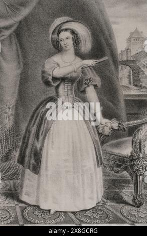 Elisabetta Ludovika di Baviera (1801-1873). Regina consorte di Prussia (1840-1861) come moglie di re Federico Guglielmo IV (1795-1861). Verticale. Disegno di A. Belvedere. Litografia di J. Donón. "Reyes Contemporáneos" (Re contemporanei). Volume III. Pubblicato a Madrid, 1854. Autore: Augusto Belvedere (1801-1888). Artista portoghese. Julio Donón. Artista spagnolo attivo dal 1840 al 1880. Foto Stock