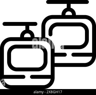 Illustrazione vettoriale di un'icona minimalista in bianco e nero della silhouette della funivia, isolata su sfondo bianco, che rappresenta il trasporto in località montane alpine per lo sci e lo snowboard Illustrazione Vettoriale
