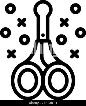 Semplice icona vettoriale di una coppia di forbici circondata da linee di taglio e forme Illustrazione Vettoriale