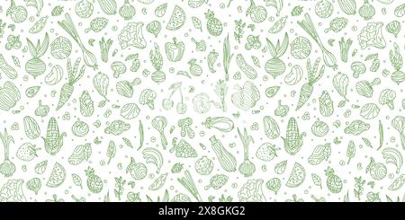 Modello Doodle di verdure e frutta su sfondo bianco, grafica vettoriale di cibo sano. Frutta e verdura in stile doodle, schizzo. Illustr Illustrazione Vettoriale