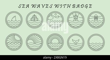 set di logo ocean line art design minimalista, simbolo di paesaggio oceanico disegno vettoriale Illustrazione Vettoriale